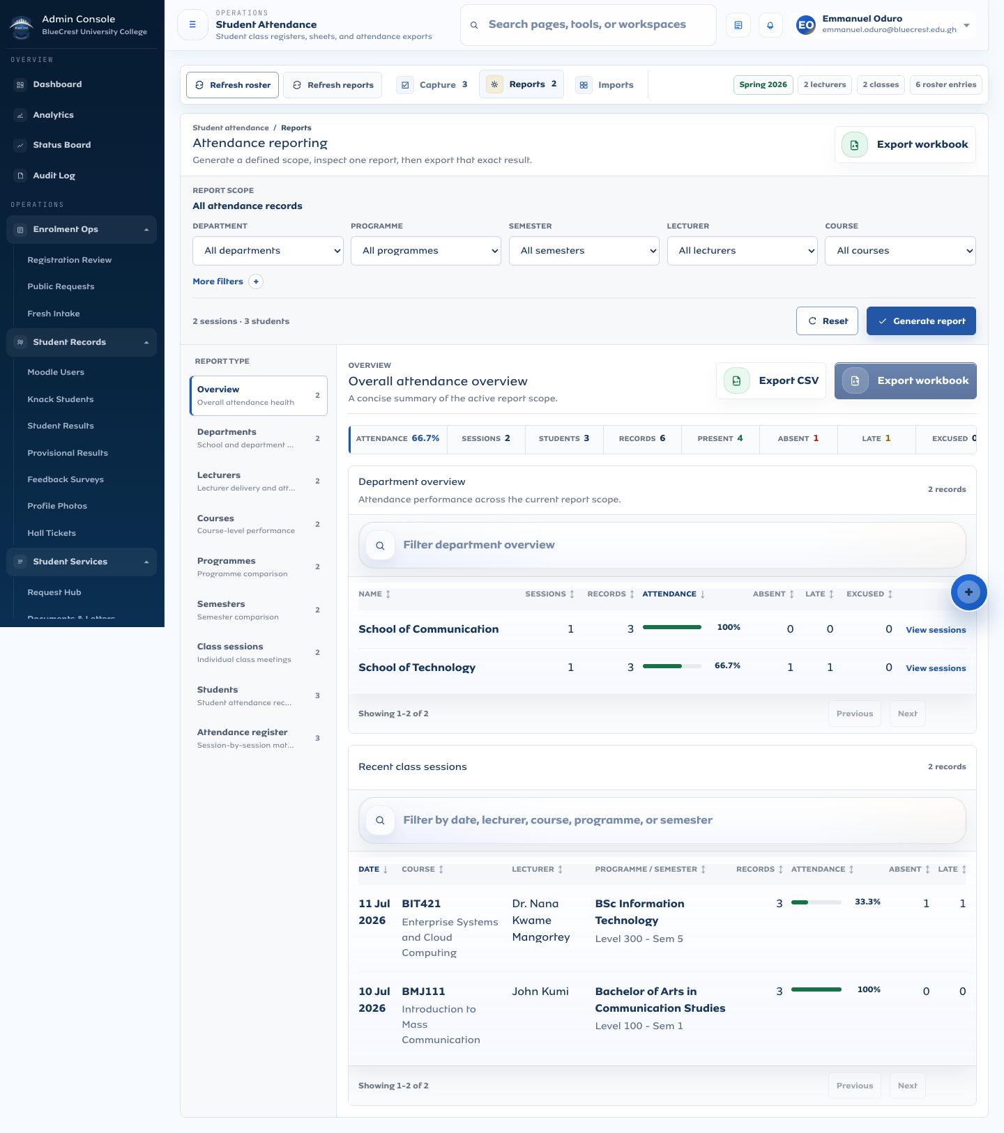 BlueCrest Campus Operations interface